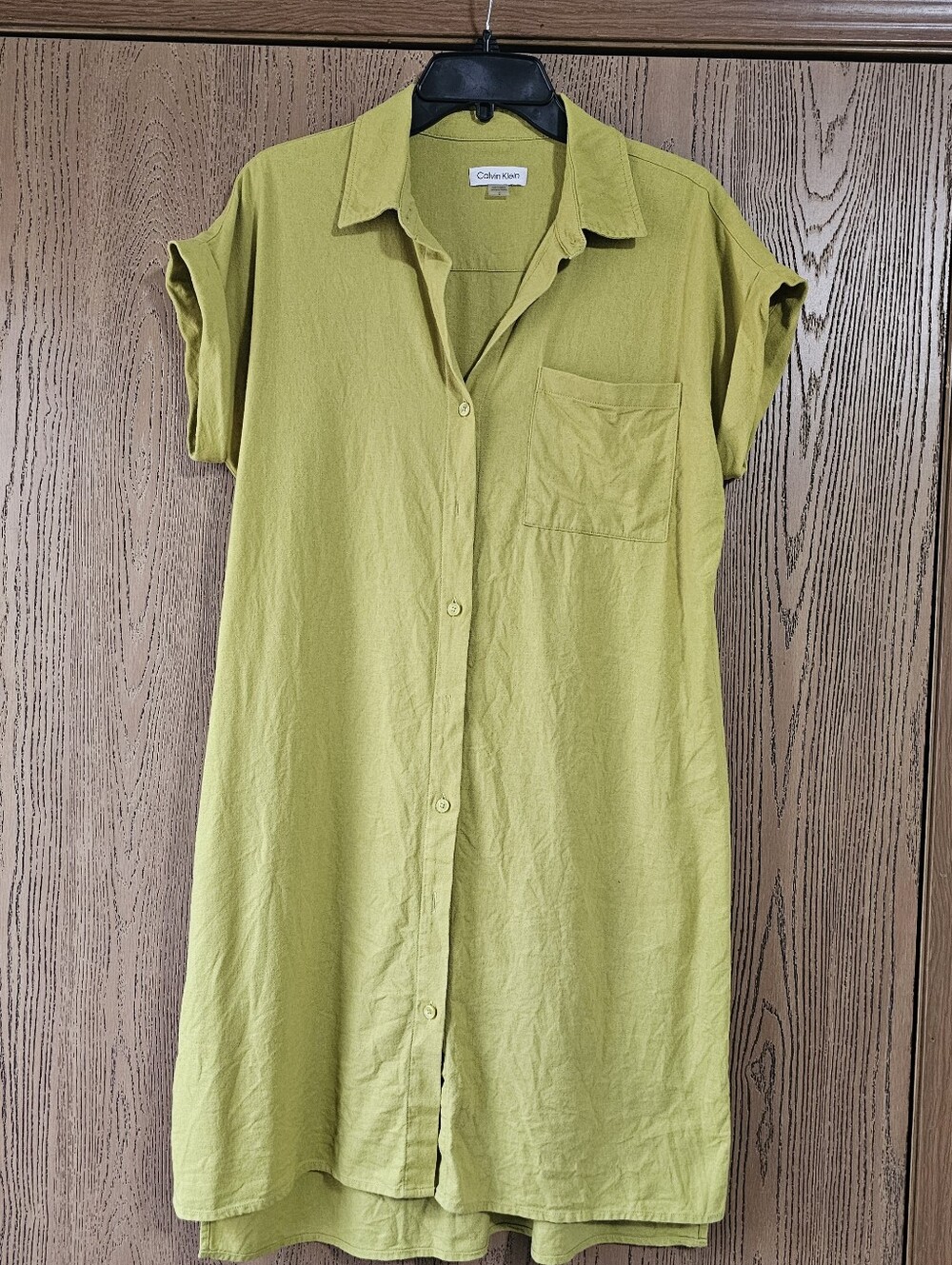 Calvin Klein Light Olive Green Button-Front Midi Shirt Dress